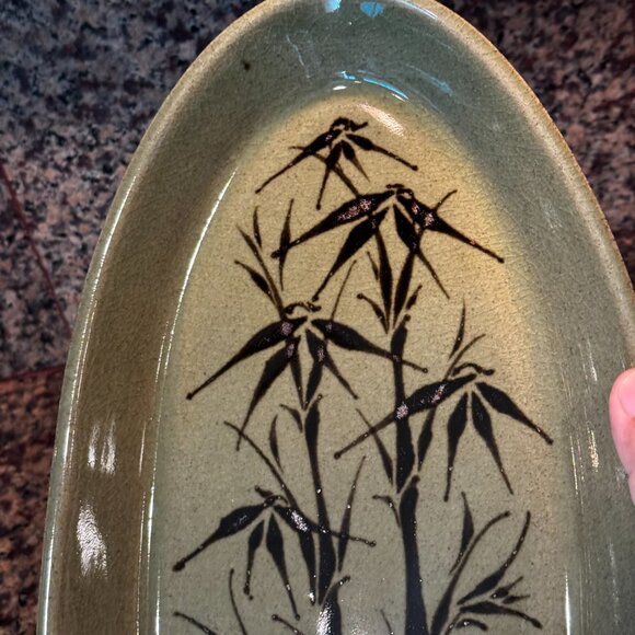 Mark Blumenfeld Pottery Green Brown Glazed Ceramic Oval Serving Platter Leaf Sig
